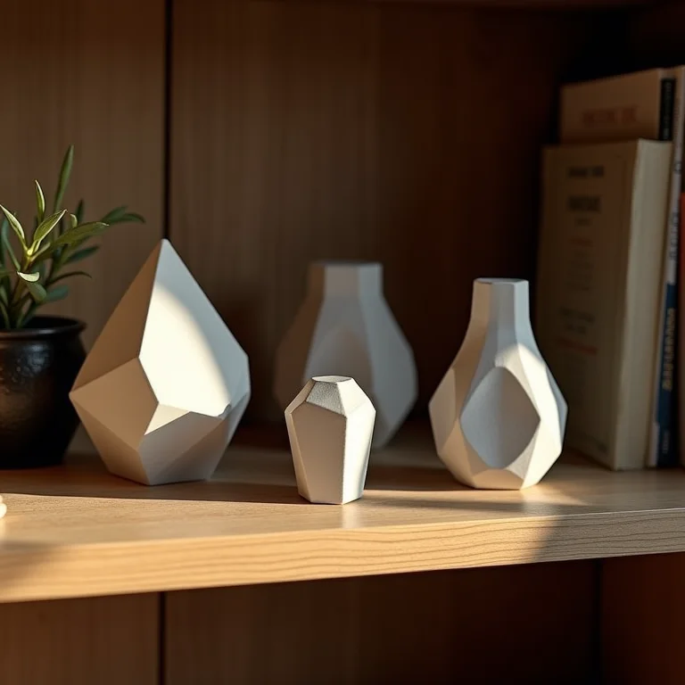 Objetos decorativos geométricos em prateleira de madeira com iluminação natural