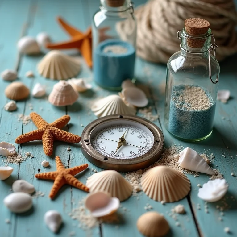 Objetos náuticos como conchas, corda e bússola em composição para decoração pirata.