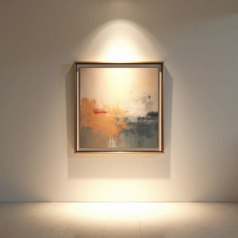 Obra de arte iluminada por um spot de destaque.