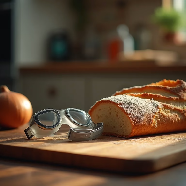 Óculos de natação e pão ao lado de uma cebola