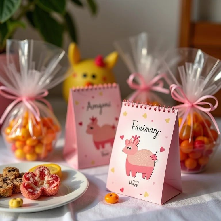 Opções de lembrancinhas para festa infantil: presentes personalizados, saquinhos de doces e brinquedos.