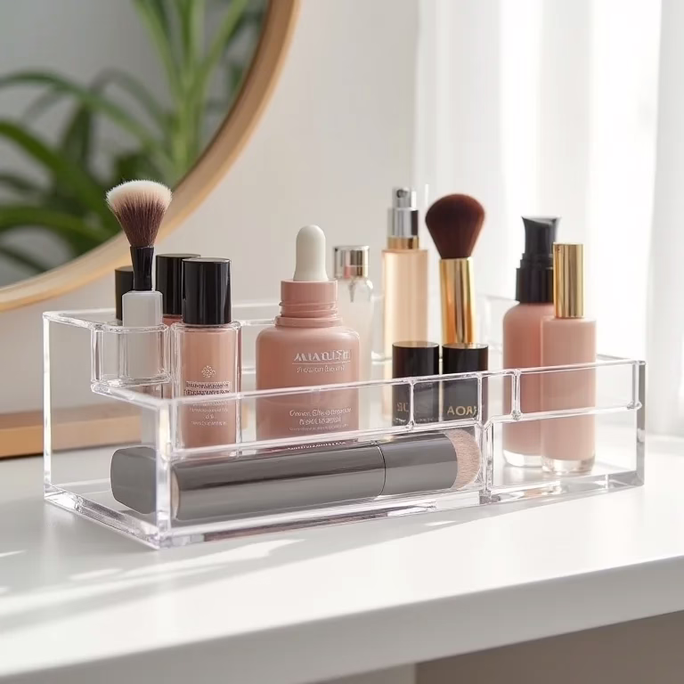 Organizador de maquiagem de acrílico com design moderno e elegante.