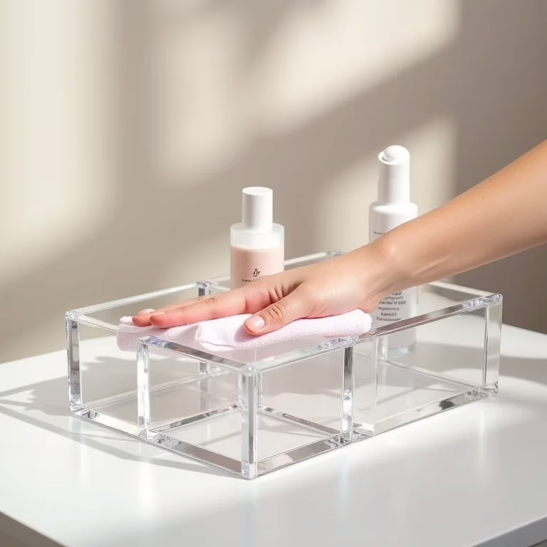 Organizador de maquiagem de acrílico sendo limpo facilmente com um pano.