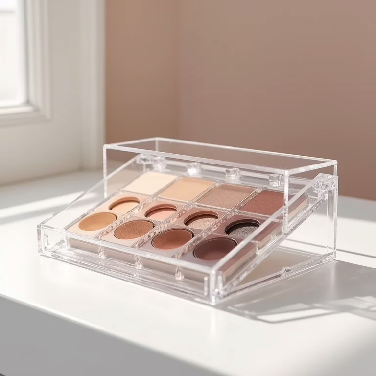 Organizador de paletas de maquiagem de acrílico transparente exibindo paletas de sombras.
