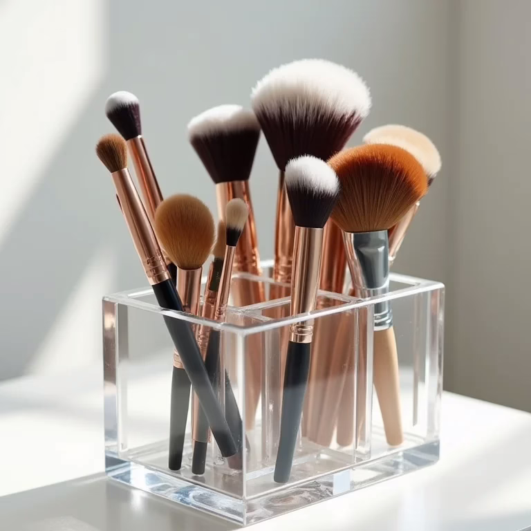 Organizador de pincéis de maquiagem de acrílico transparente com pincéis de diversos tamanhos e formatos.