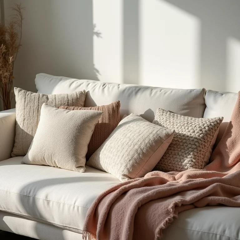 Padrões e texturas em almofadas e mantas para decoração de sala