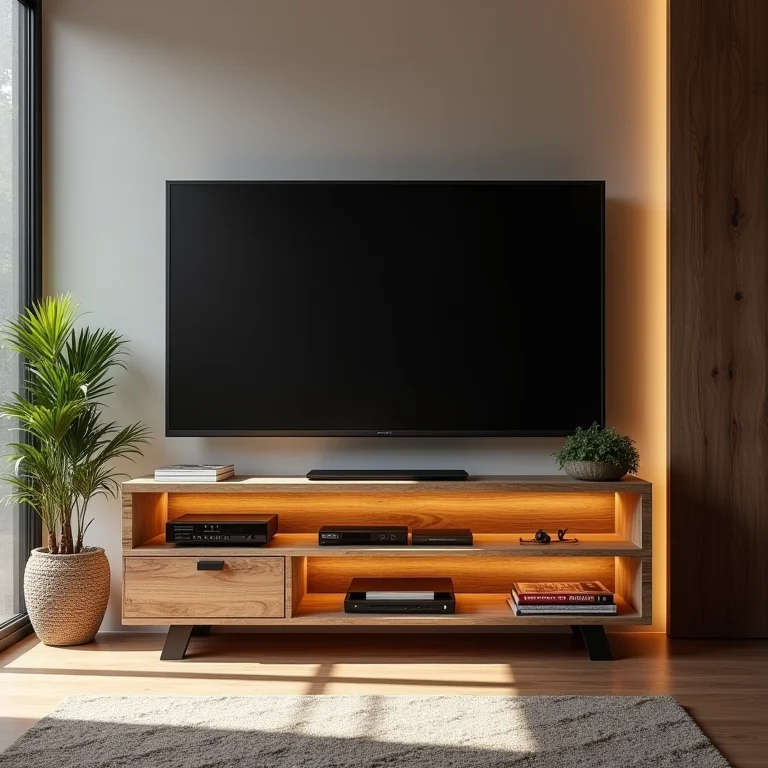 Painel de TV de paletes com iluminação e decoração