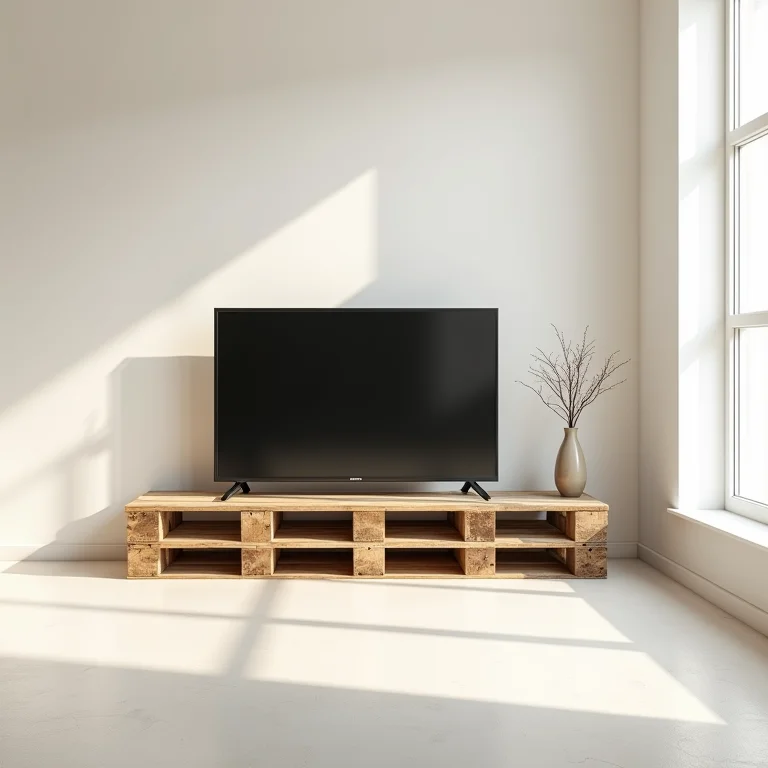 Painel de TV de paletes em ambiente minimalista