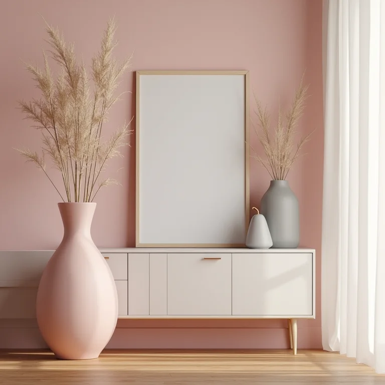 Paleta de cores com cinza, rosa blush, dourado e madeira