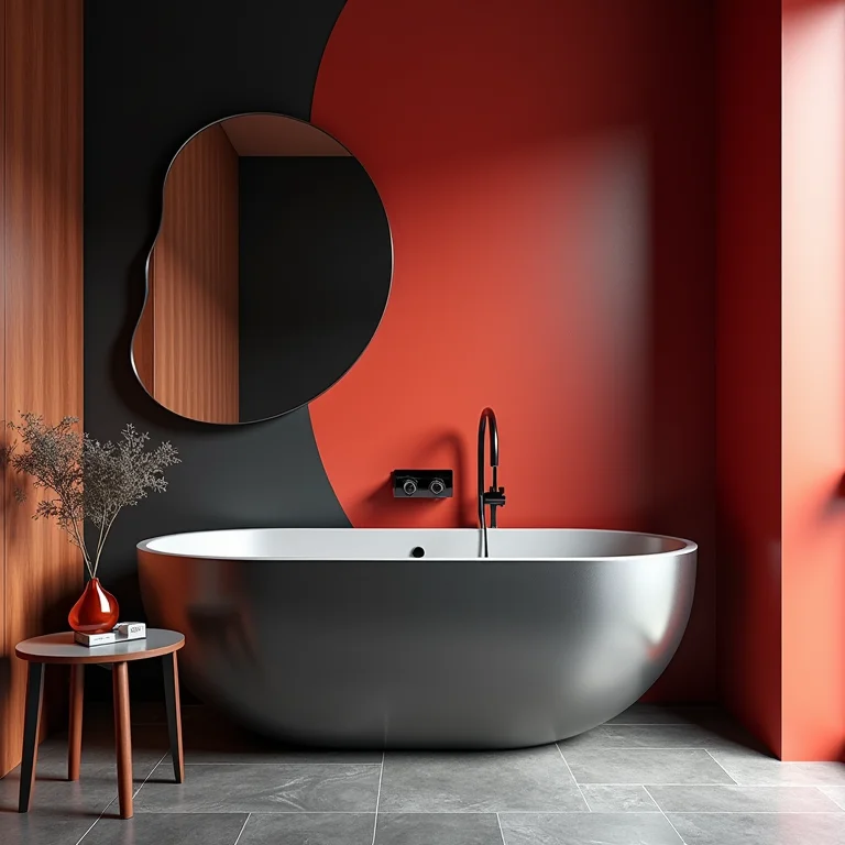 Paleta de cores de um banheiro temático de moto: preto, cromo, vermelho e marrom couro.