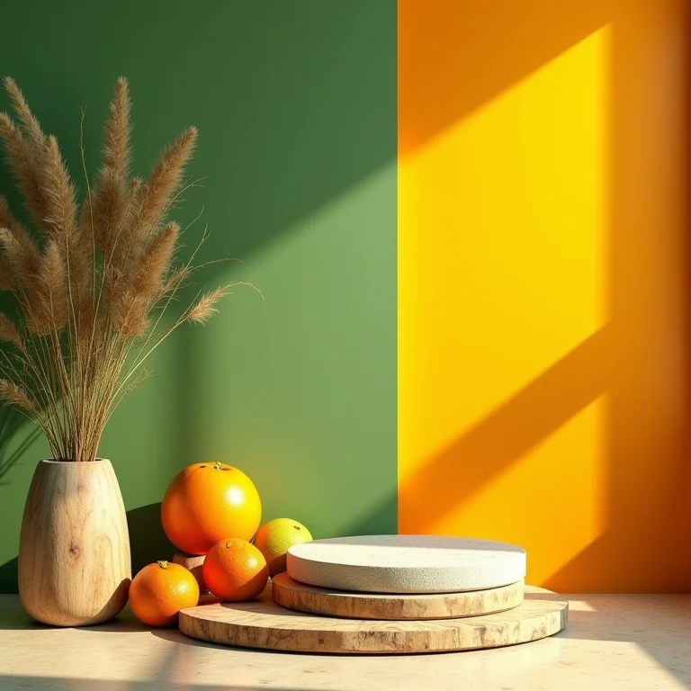 Paleta de cores em tons de verde, amarelo e laranja, com materiais naturais como madeira e pedra.