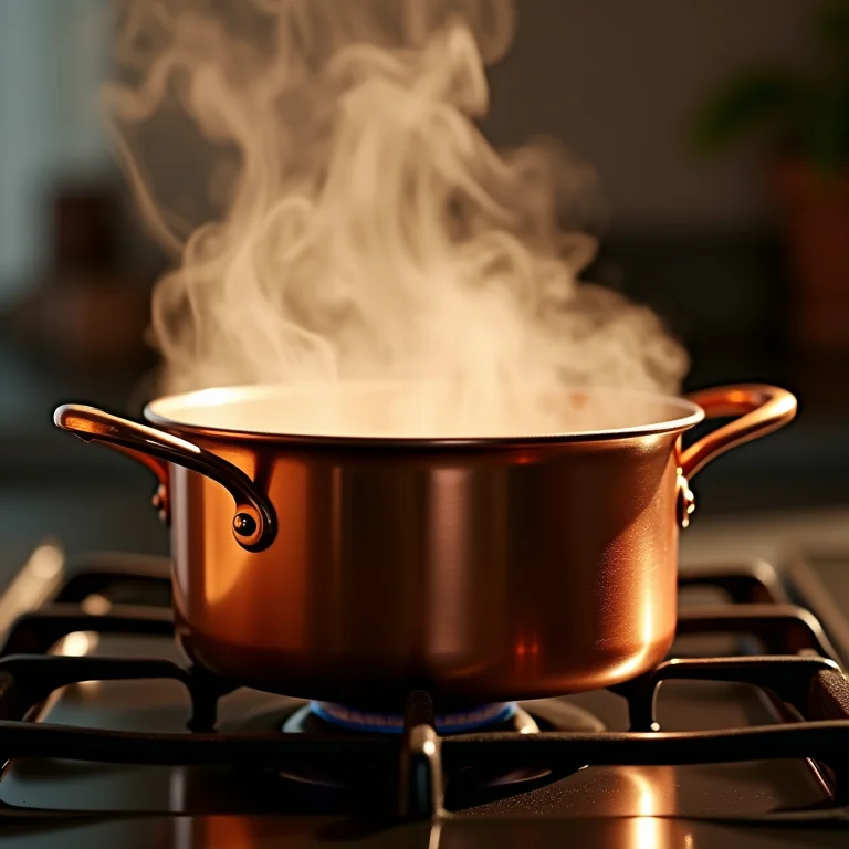 Panela de cobre brilhante no fogão.