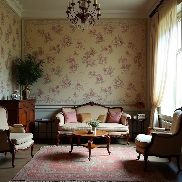 Papel de parede floral vintage em sala de estar decorada