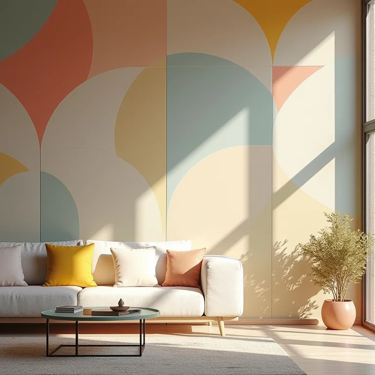 Papel de parede geométrico em sala de estar com estilo Wes Anderson