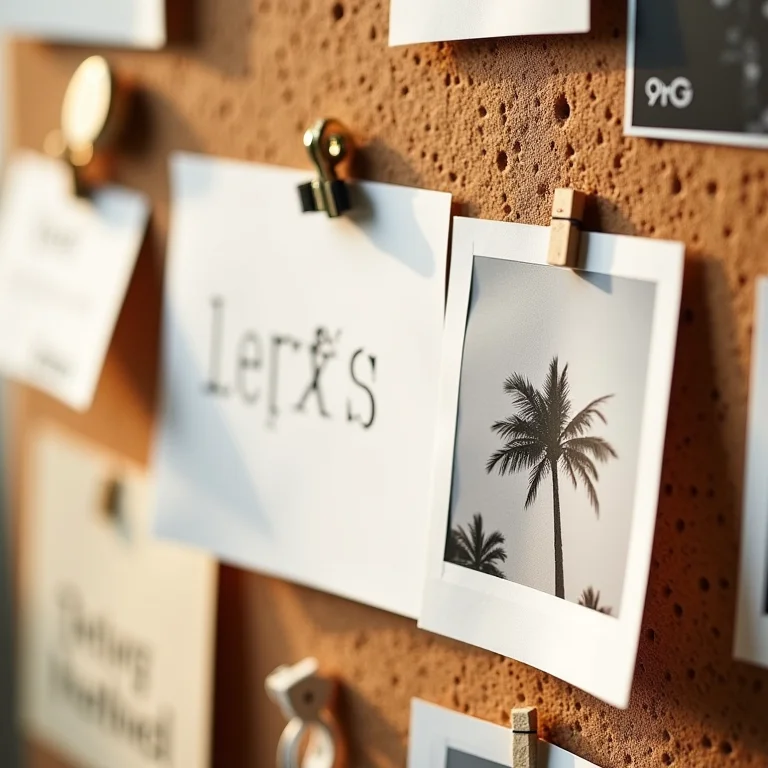 Parede de cortiça utilizada como mural de fotos e lembranças.