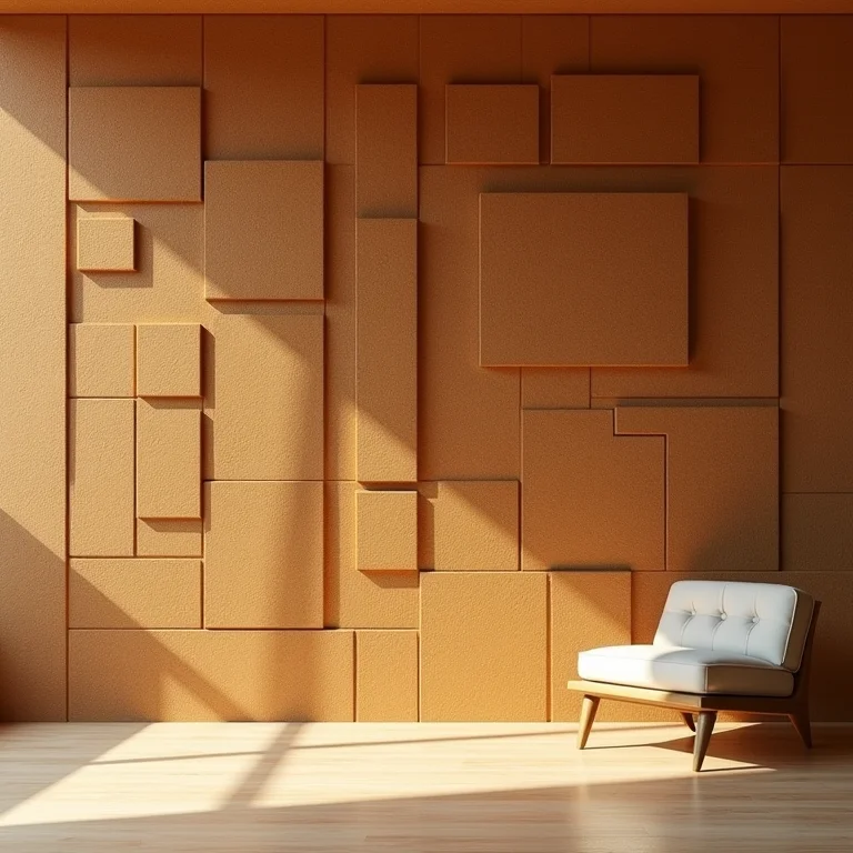 Parede decorada com painéis de cortiça em formatos geométricos variados.