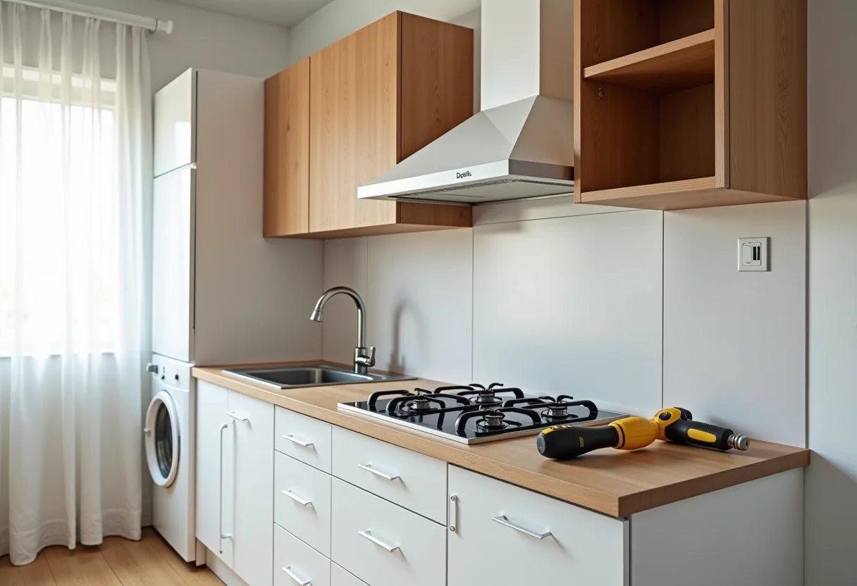 Passo a passo detalhado da instalação de um armário de cozinha pequeno.