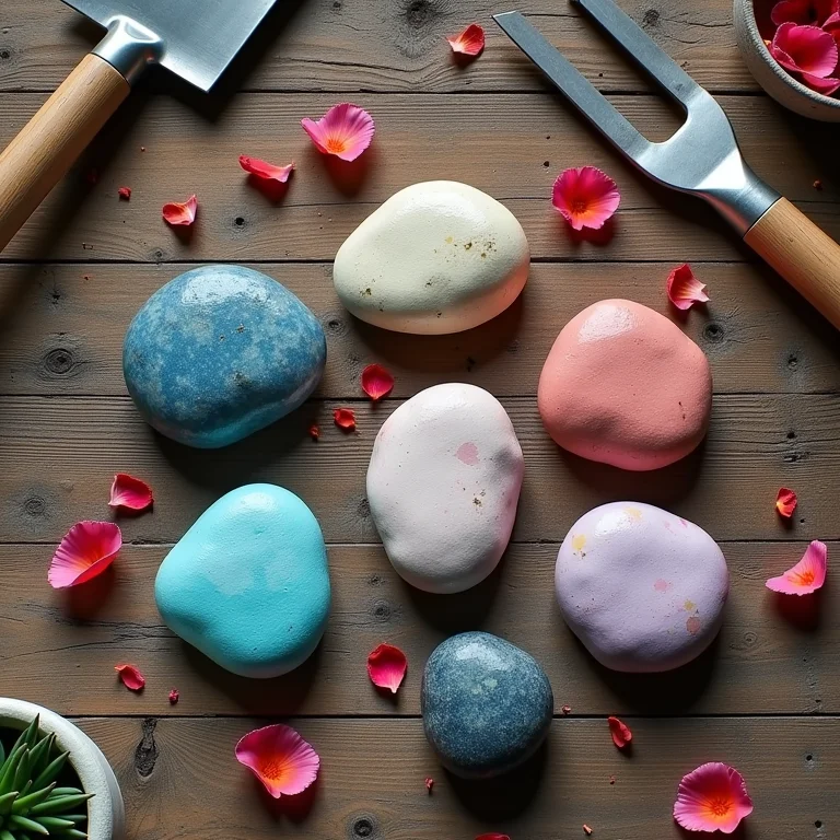 Pedras pintadas com diferentes designs e ferramentas de jardinagem