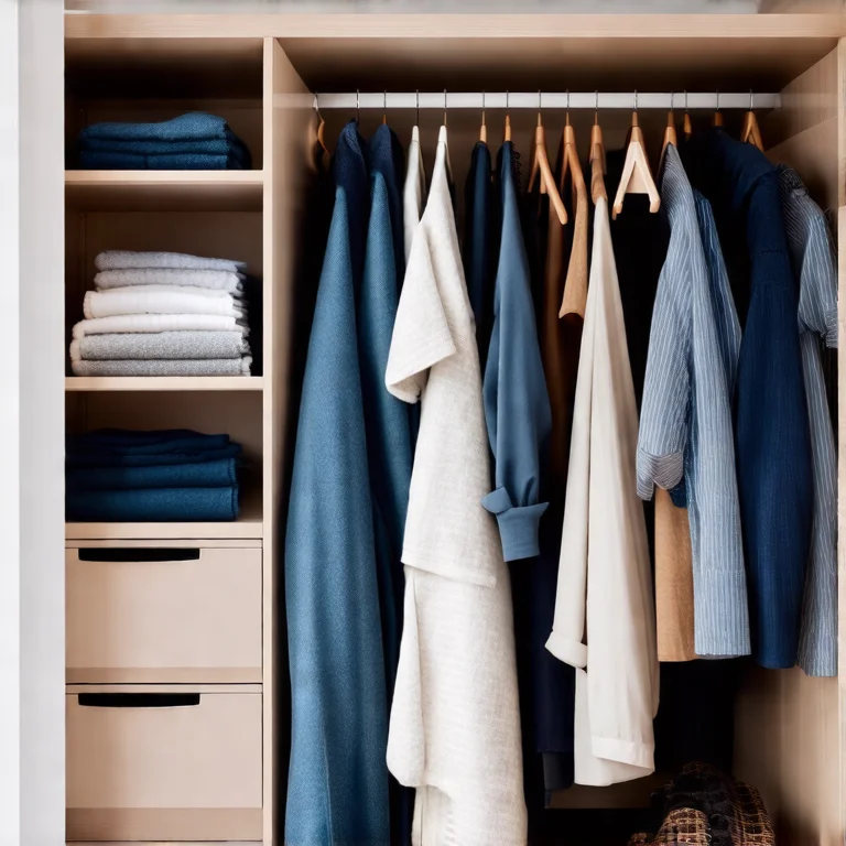 Pequeno armário com prateleiras, roupas bem dobradas ou penduradas e organizadores que economizam espaço, mostrando como organizar armários pequenos de forma eficiente.