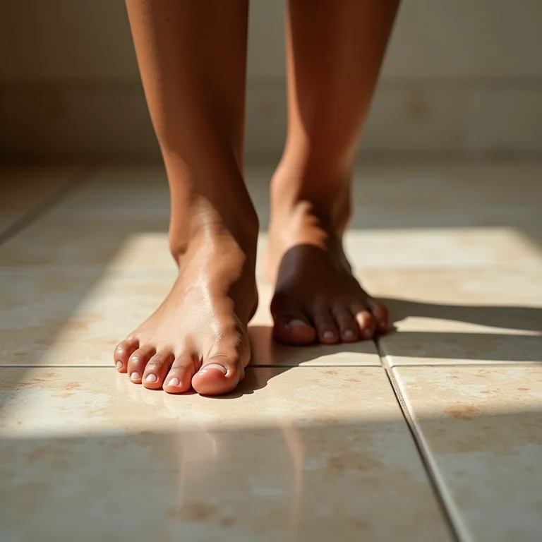 Pés descalços em piso antiderrapante de cozinha