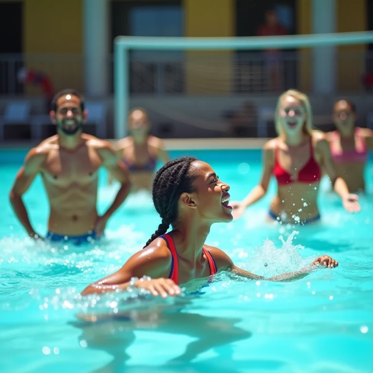 Pessoas se movimentando na água durante o jogo de vôlei