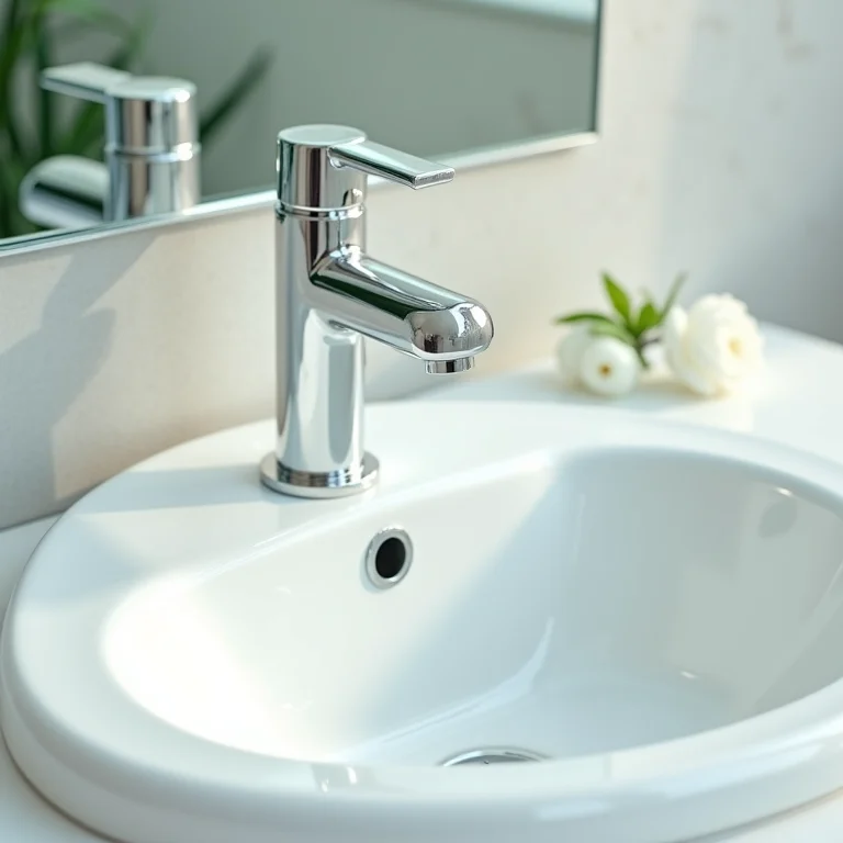 Pia de banheiro limpa e brilhante com reflexo no espelho