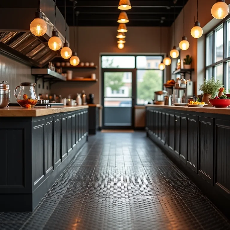 Piso de borracha resistente para cozinha de restaurante.