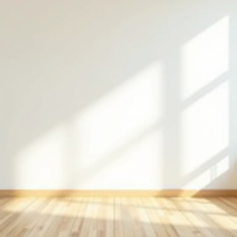 Piso de madeira clara encontrando paredes brancas em um ambiente iluminado