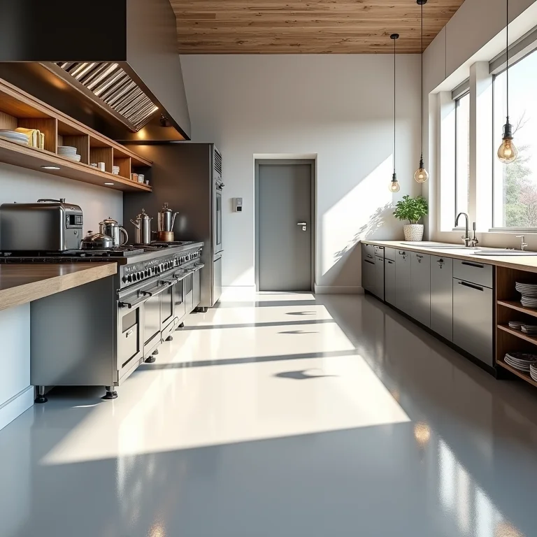 Piso epóxi para cozinha de restaurante, liso e higiênico.