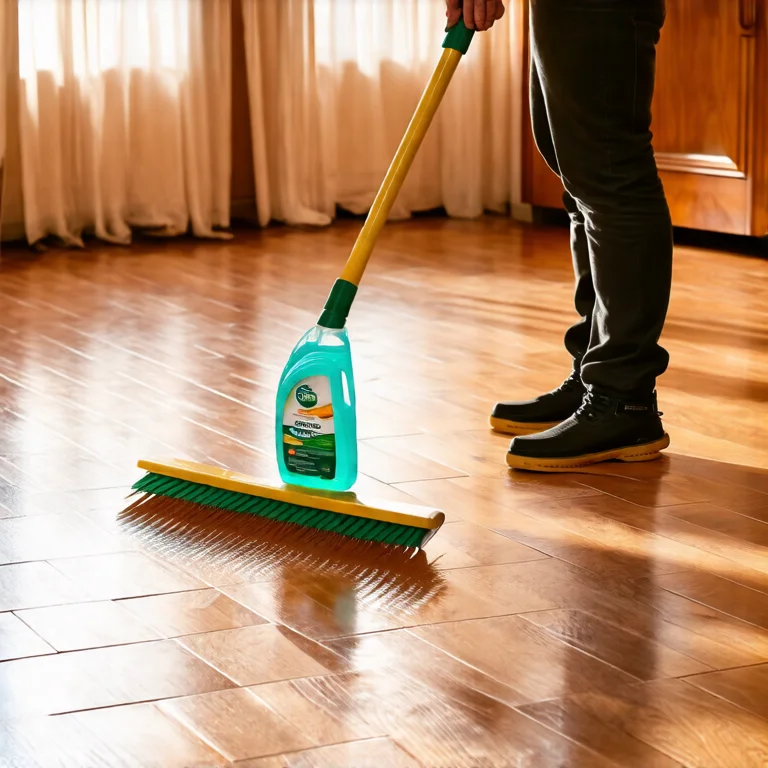 Pisos de madeira polidos refletindo a luz suave da manhã, uma pessoa varrendo suavemente a poeira, com um frasco de limpador ecológico visível, demonstrando a manutenção e preservação da limpeza.