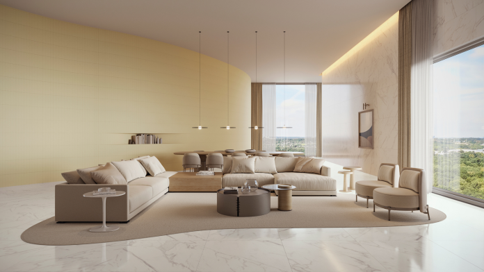 Elegância Atemporal: Sala com Piso de Porcelanato Marmorizado - detalhe