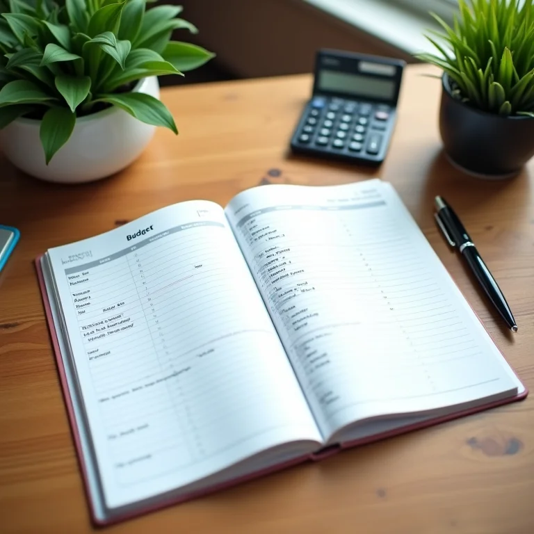 Planejador de orçamento aberto com caneta, calculadora e planta decorativa