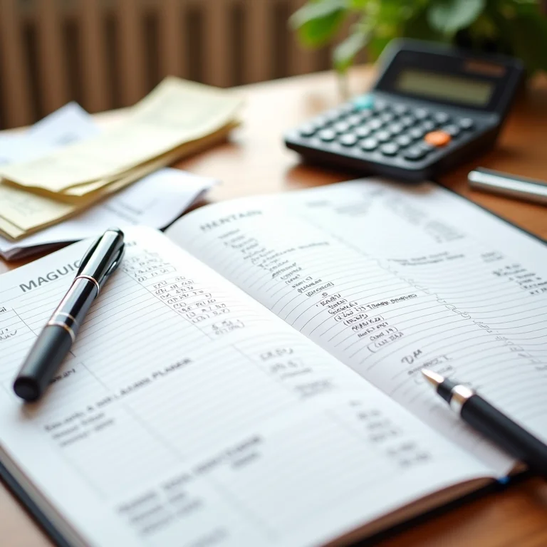 Planejador financeiro com calculadora e notas sobre orçamento de reforma