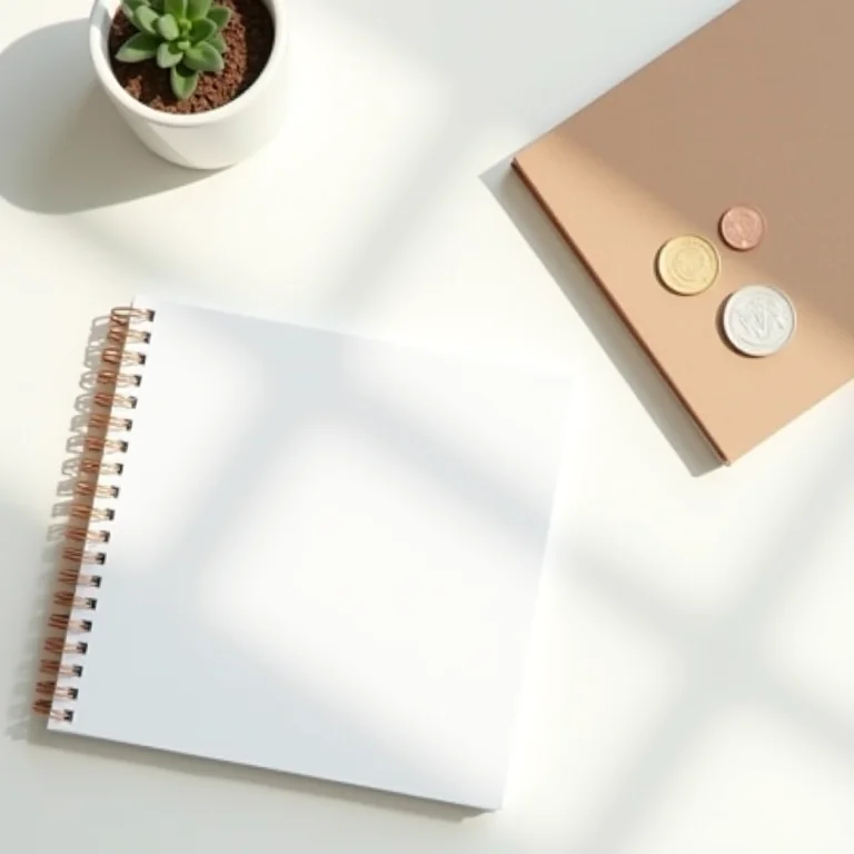 Planejador financeiro, moedas e caderno com anotações sobre orçamento.