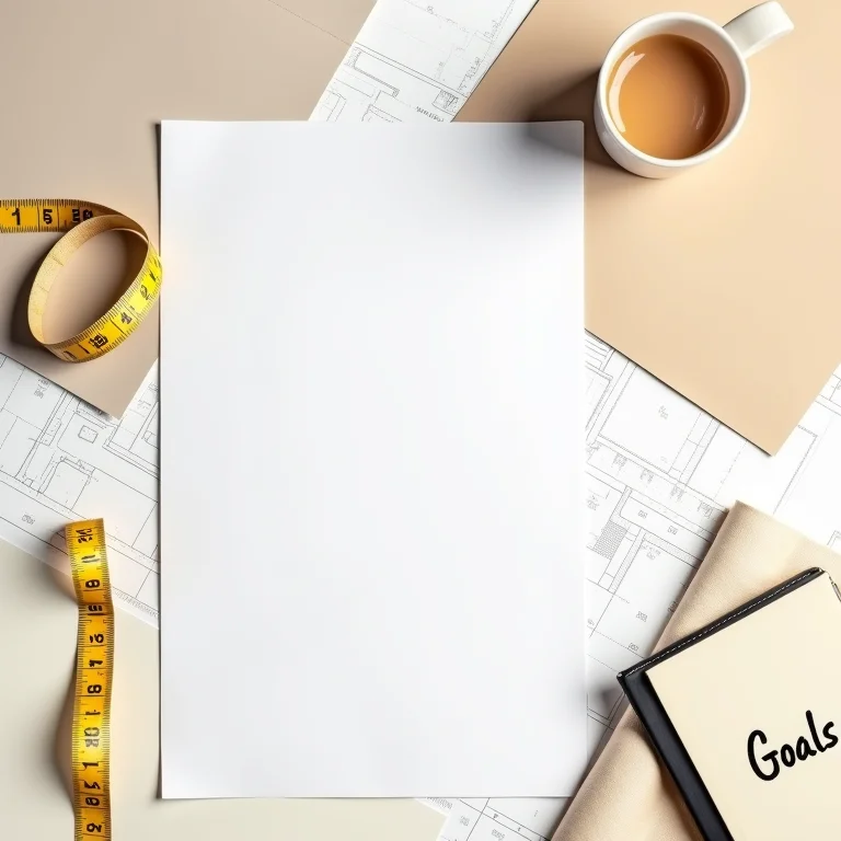 Planta baixa, amostras de cores e bloco de notas com objetivos definidos.