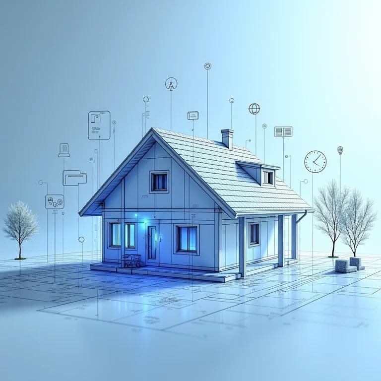 Planta baixa de casa com ícones de dispositivos inteligentes