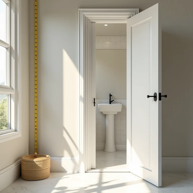 Planta baixa de um banheiro pequeno com porta sanfonada e fita métrica