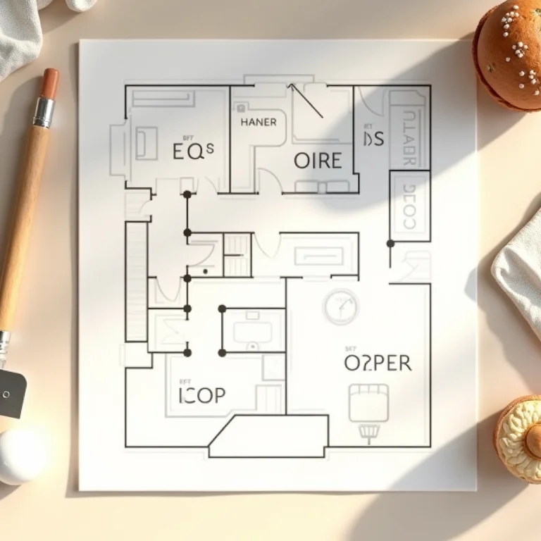 Planta baixa de uma padaria com zonas marcadas.