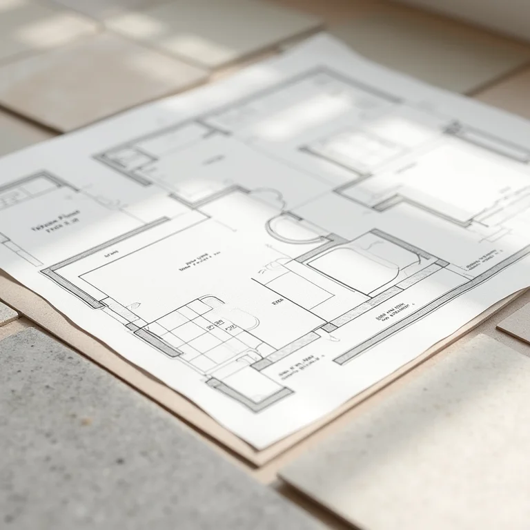 Planta de banheiro e amostras de revestimento