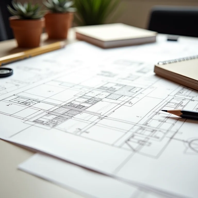 Plantas arquitetônicas detalhadas em mesa de desenho com instrumentos