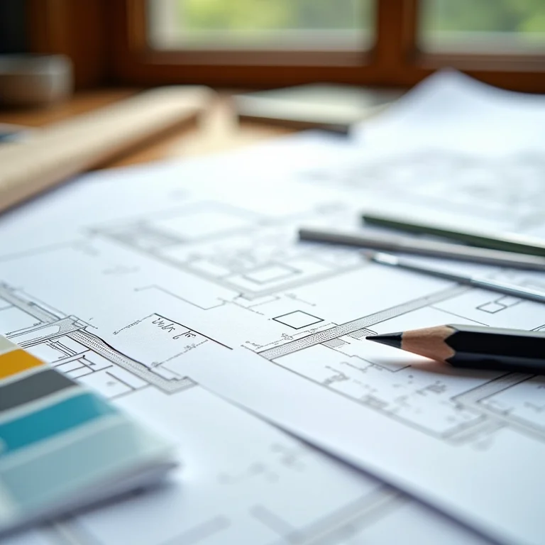 Plantas arquitetônicas e ferramentas de design em uma mesa.