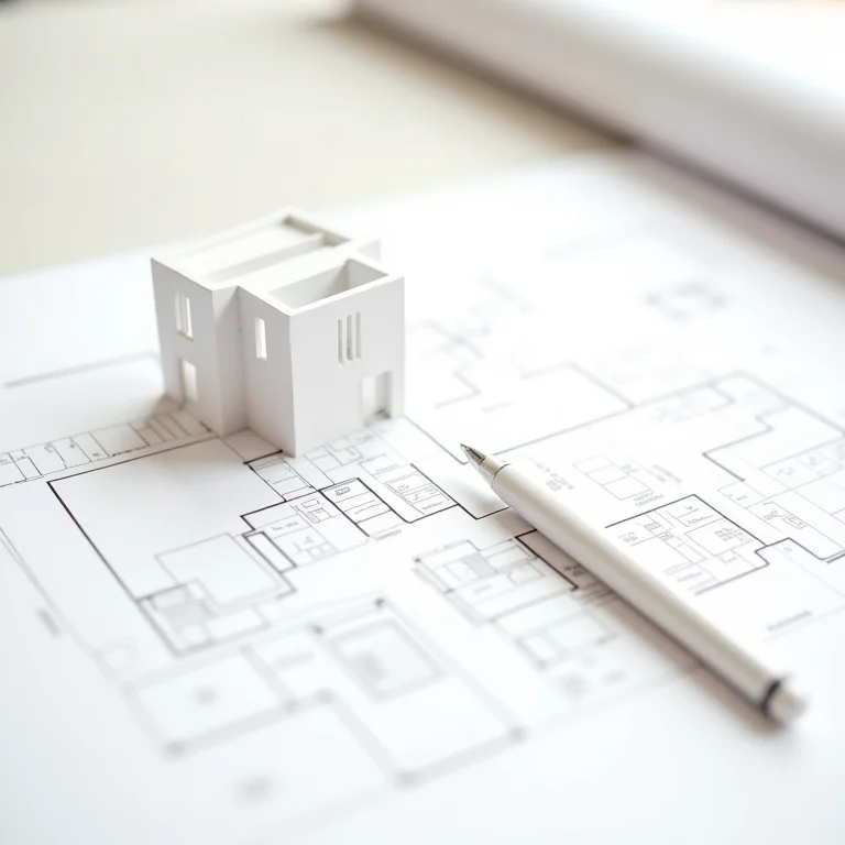 Plantas de arquitetura, maquete de prédio e caneta em mesa minimalista