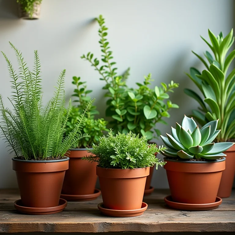 Plantas em vasos em prateleira de madeira rústica.