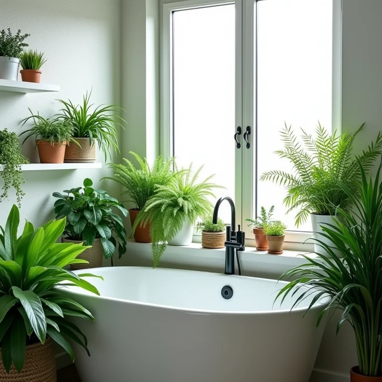 Plantas verdes em banheiro estilo escandinavo