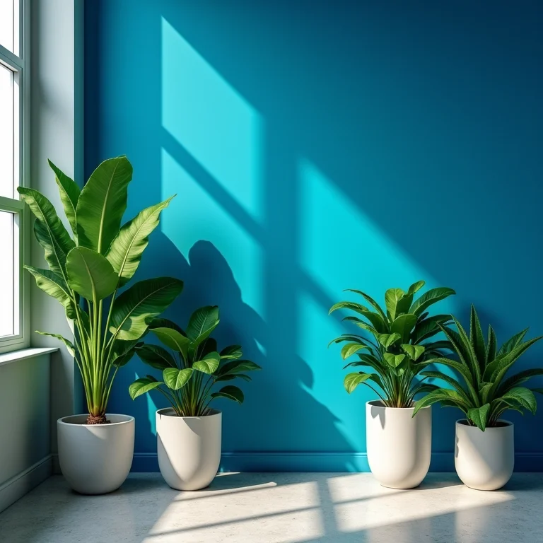 Plantas verdes em vasos combinando com parede azul