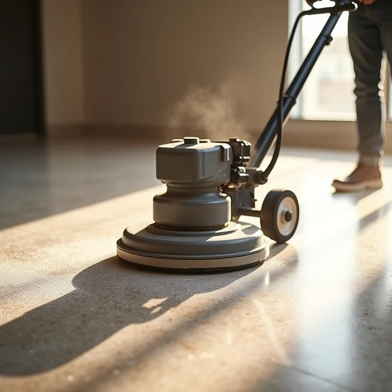 Polimento de piso de granilite com máquina profissional.