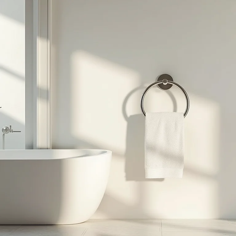 Porta toalha de argola em banheiro minimalista.