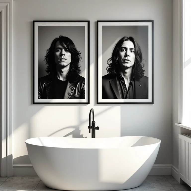 Pôsteres de bandas de rock icônicas emolduradas decorando banheiro.