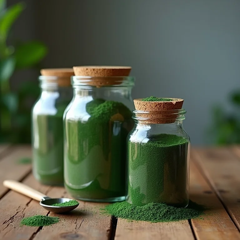 Potes de spirulina e flakes de spirulina em mesa de madeira
