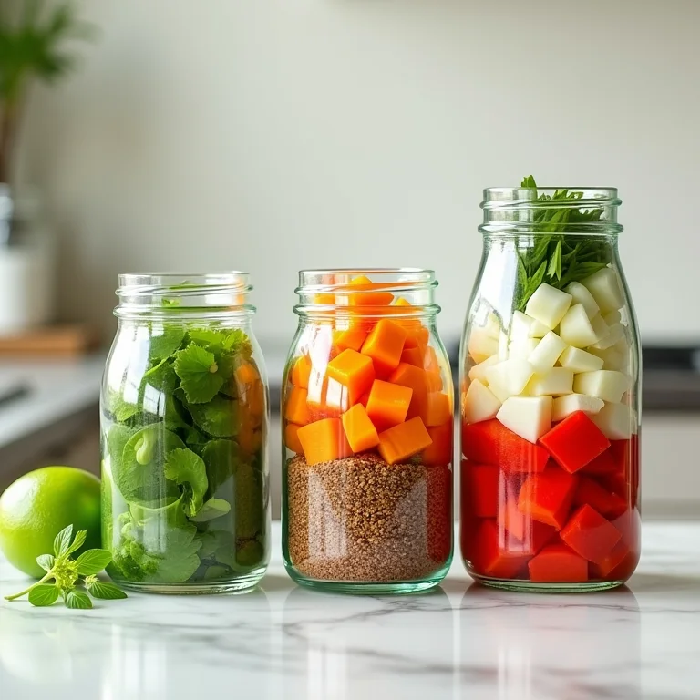 Potes de vidro com ingredientes pré-porcionados para cozinhar